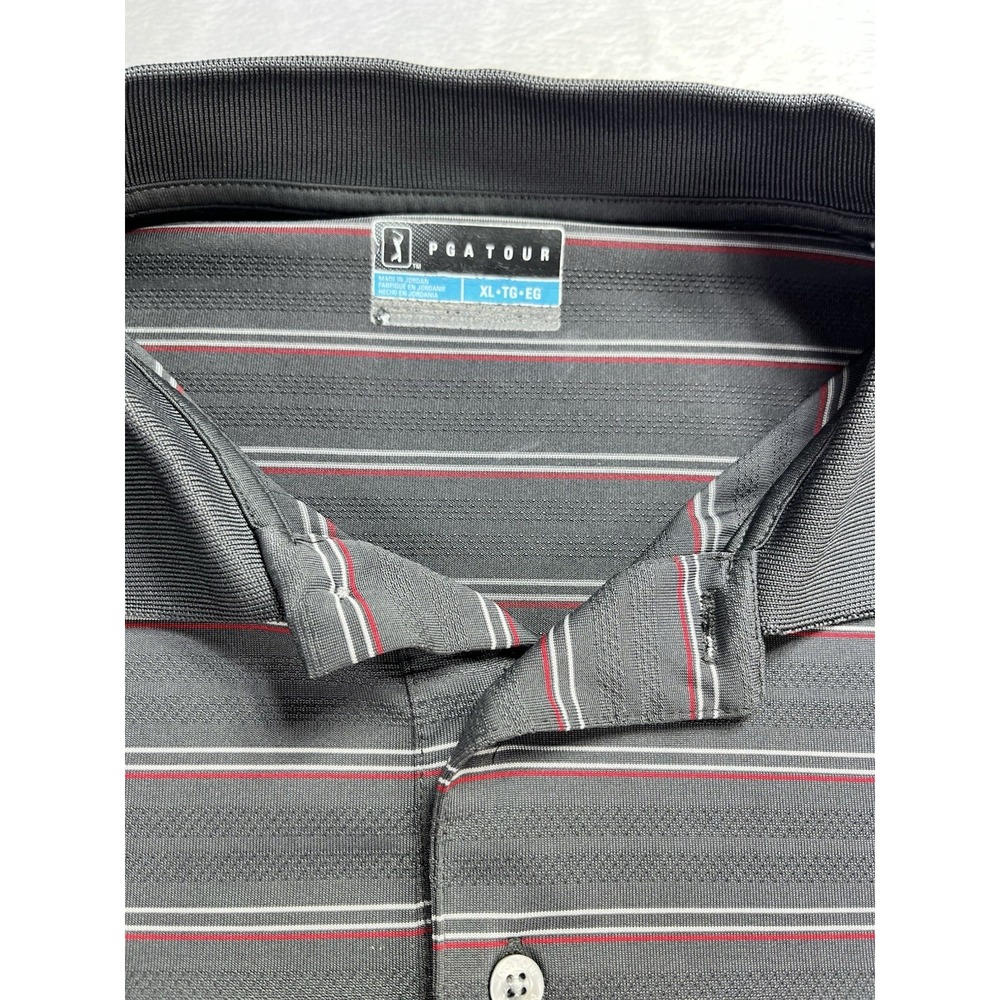PGA Tour Golf Polo Shirt Men's XL Gray Red White Striped Short Sleeve‎ Stretch